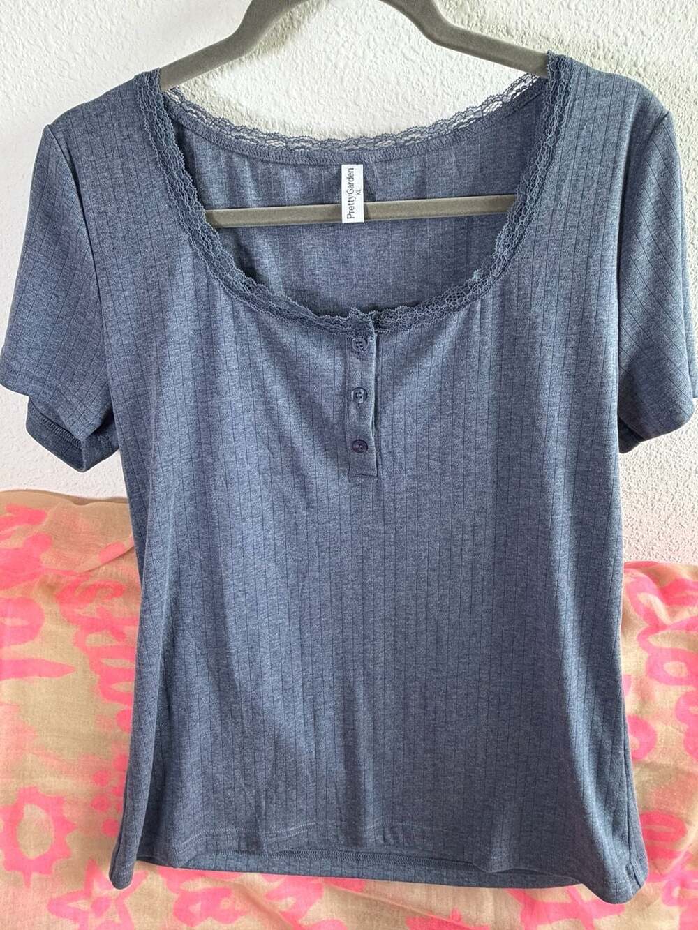 Prettygarden Henley Top Size XL Blue Ribbed Knit Lace Trim Short Sleeve